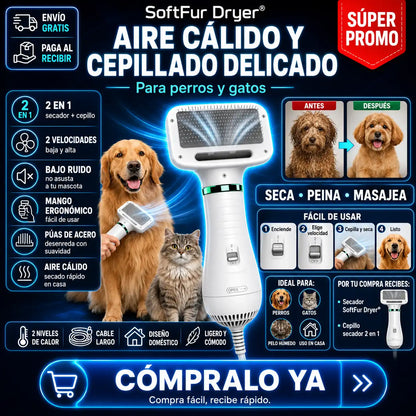 SoftFur Dryer® — Aire cálido y cepillado delicado para perros y gatos