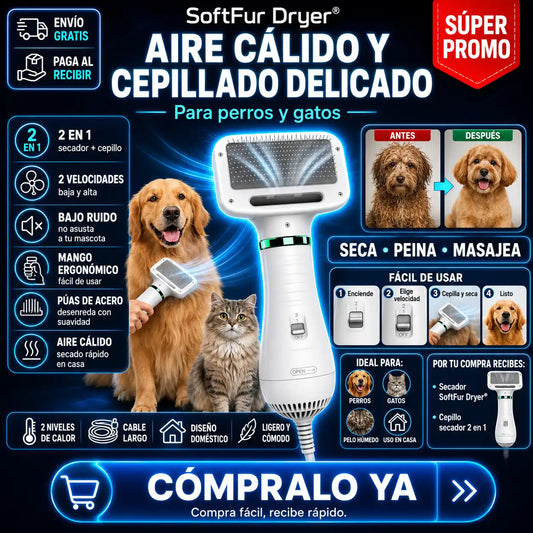 SoftFur Dryer® — Aire cálido y cepillado delicado para perros y gatos
