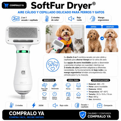 SoftFur Dryer® — Aire cálido y cepillado delicado para perros y gatos