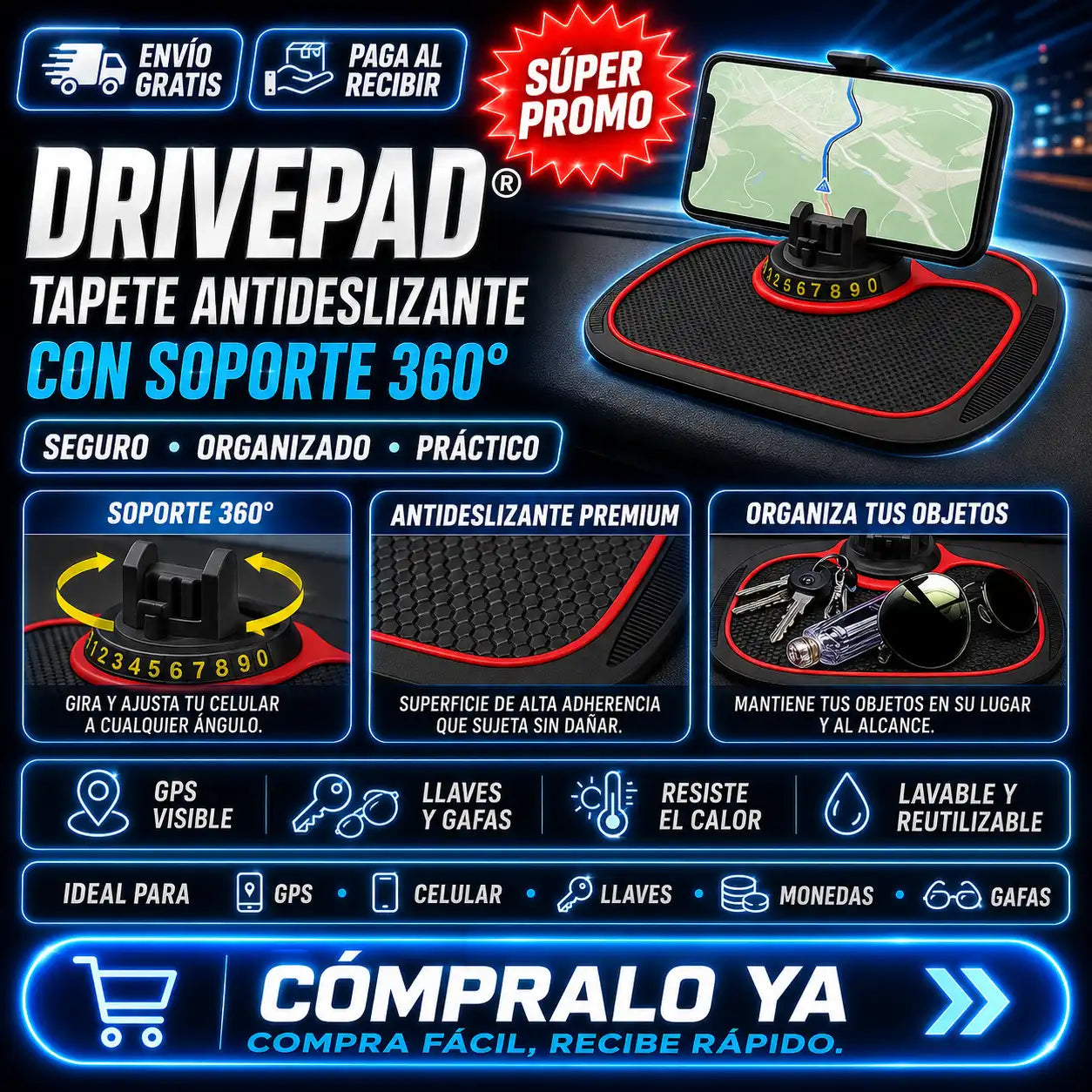 DriveGrip Pro® — Estabilidad total para navegación y llamadas al conducir