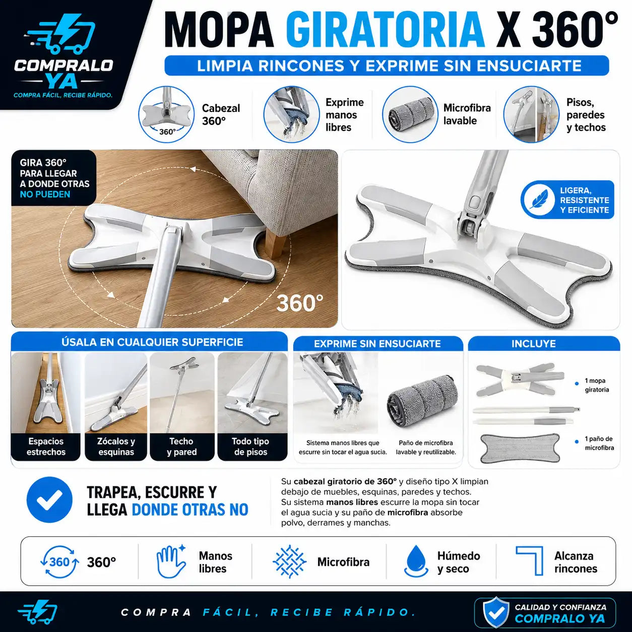 CleanSpin X® — Limpieza profunda con cabezal 360° ultra absorbente